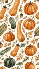 Watercolor Autumn Harvest Pattern with Pumpkins Gourds and Fall Leaves on a Light Background