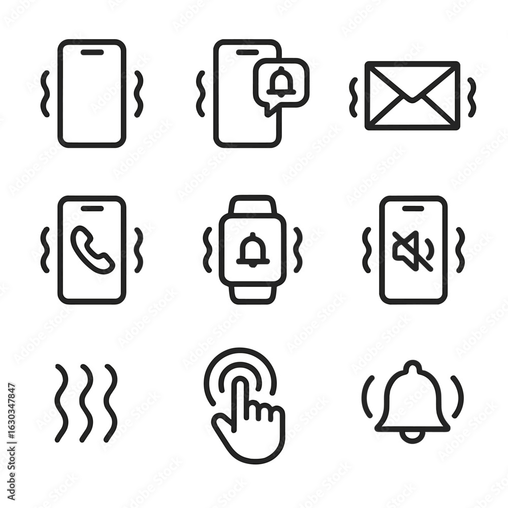 Poster vibration icon set. outline icon set of vibration in communication: vibrating phone, alert notificat