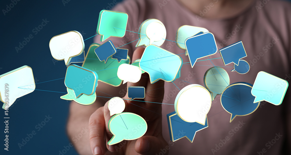 Poster abstract image of interconnected speech bubbles, representing global communication and networking.