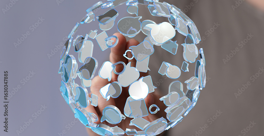 Poster abstract image of a sphere filled with speech bubbles, representing global communication and social 