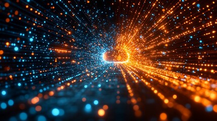 Abstract view of a data cloud. Bright blue and orange light particles form a tunnel with a cloud shape in the center