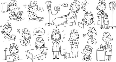 Detailed black and white doodle art collection of female and male nurses performing various healthcare duties, patient care, medical procedures, and hospital tasks.