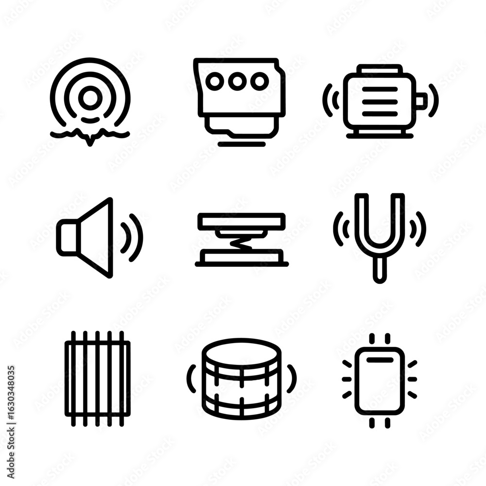 Aufkleber vibration source icons. outline icon set of vibration sources: earthquake epicenter, engine block, e