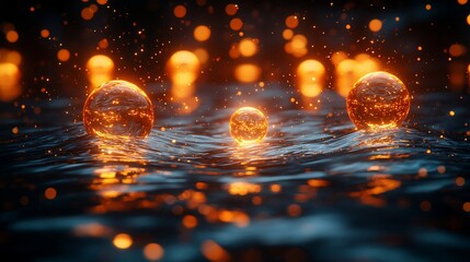 Glowing, orb-like lights float on a dark, rippling surface resembling water, with a scattering of smaller points of light