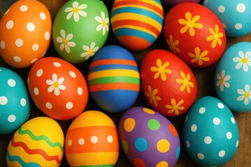 Obraz premium A vibrant array of Easter eggs, each adorned with a unique pattern and color, creating a festive and joyful scene