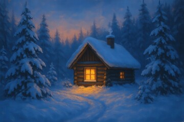 A serene winter night in the heart of the forest, where a cozy log cabin glows with warmth amidst the snow-covered trees