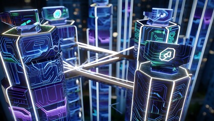 Abstract futuristic cityscape with glowing hexagonal buildings and intricate circuit board patterns connected by light bridges