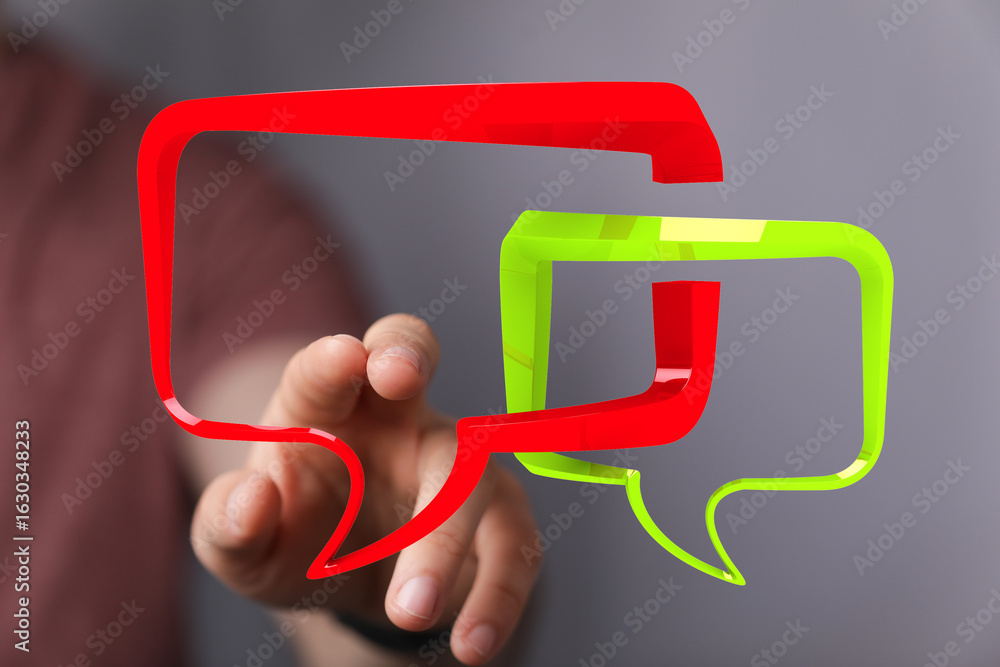 Aufkleber hand interacting with 3d speech bubbles. ideal for communication, chat, and messaging concepts.