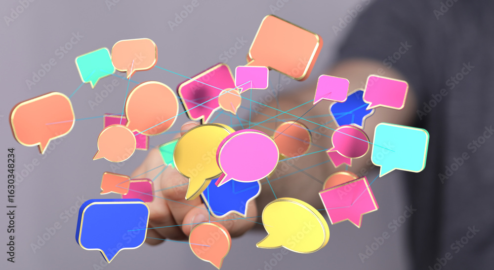 Poster abstract image of colorful speech bubbles connected, symbolizing communication and networking.
