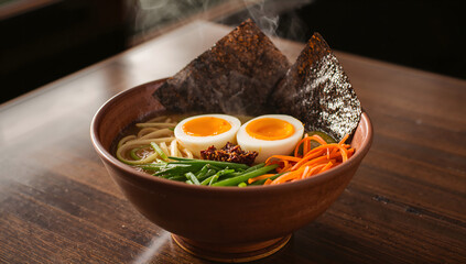 Rustic bowl of ramen noodles topped with egg, veggies, and nori