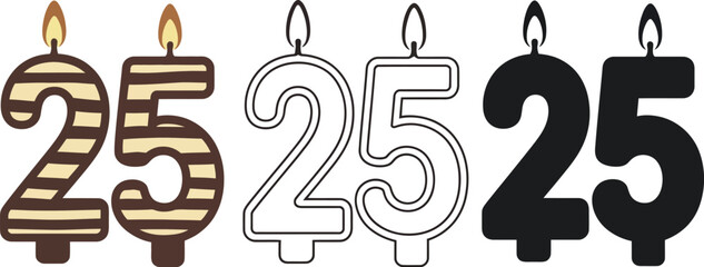 Twenty five candles birthday anniversary illustration set
