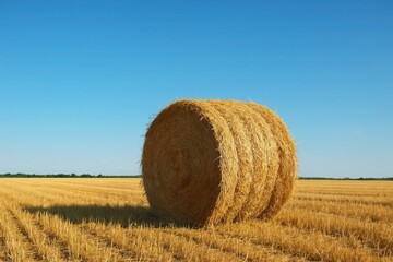 A Lone Hay Bale in a Field of Golden Wheat Under the Clear Blue Sky