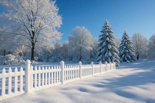 A Tranquil Snowy Scene with a Frosted Picket Fence