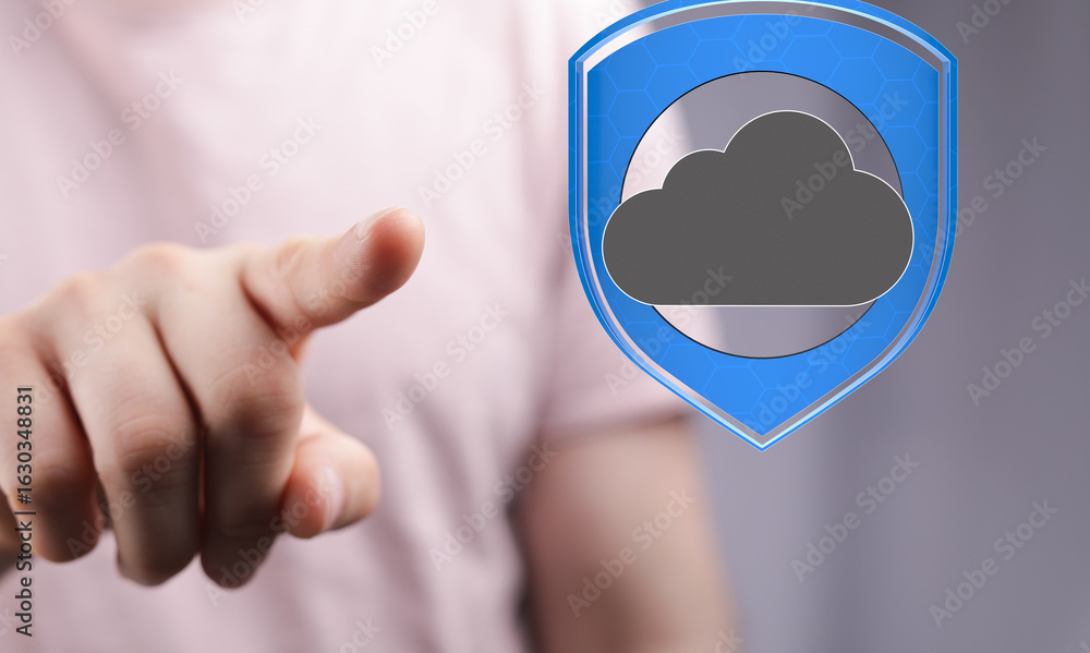 Poster image of a hand pointing to a cloud icon inside a shield, symbolizing secure cloud data protection.