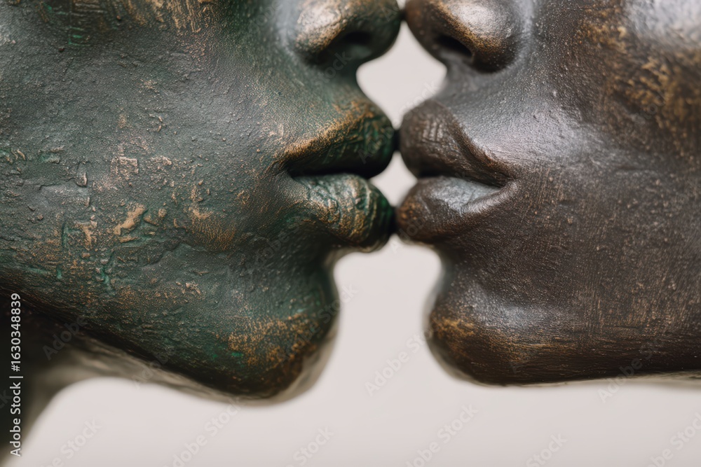Poster intricately crafted sculpture showcasing the intimate connection between two faces highlighting love