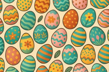 A delightful array of Easter eggs in pastel hues, each adorned with a unique pattern, set against a soothing beige backdrop