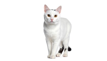 Elegant white cat with unique markings, confidently posing against a white background portraying