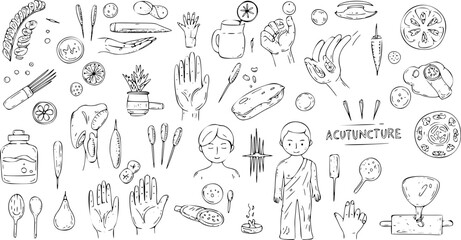 Hand-drawn collection of Traditional Chinese Medicine (TCM) elements, featuring acupuncture needles, patient diagrams, cupping, herbal remedies, and various holistic wellness tools.