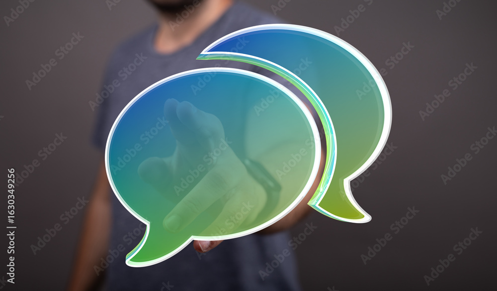 Poster abstract image of a person interacting with digital speech bubbles. ideal for communication, technol