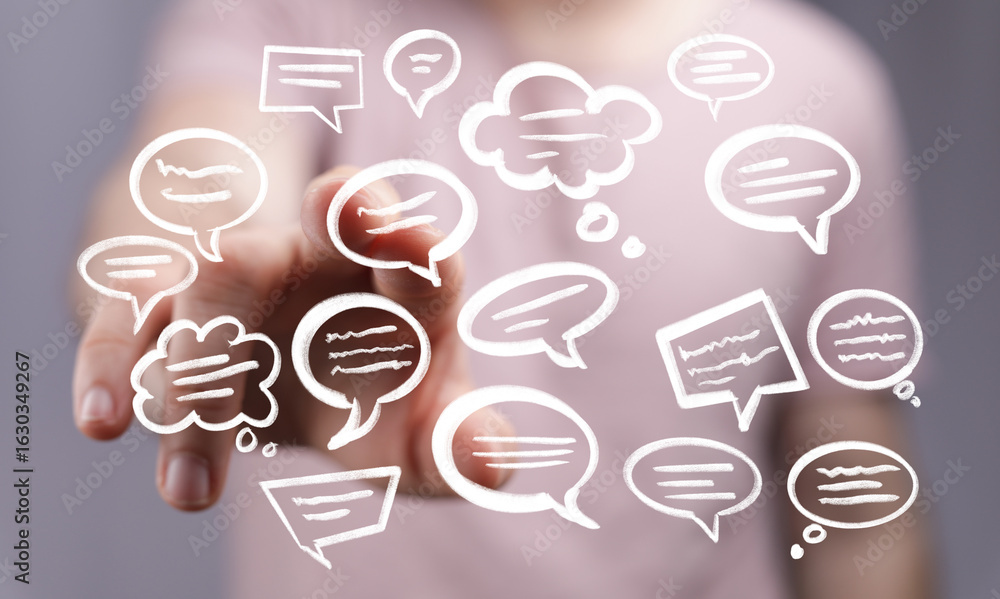 Poster hand interacting with floating speech bubbles,communication concept.