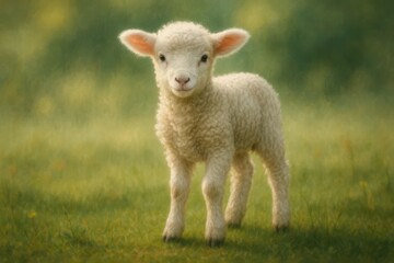 Obraz premium A gentle lamb stands in a field of golden grass, its curious eyes meeting ours as it explores the world around it