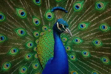 Obraz premium A vibrant peacock showcases its stunning iridescent plumage, with a striking blue head and an array of green feathers radiating around it