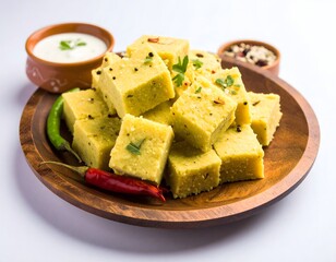 Traditional Indian dhokla squares garnished with mustard seeds and fresh herbs served on a wooden plate with yogurt dip and spices.