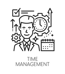 Time management life skills line icon or pictogram. Employee or worker time management ability lineart vector icon, life skills symbol. Personality quality sign with man character, clock and calendar
