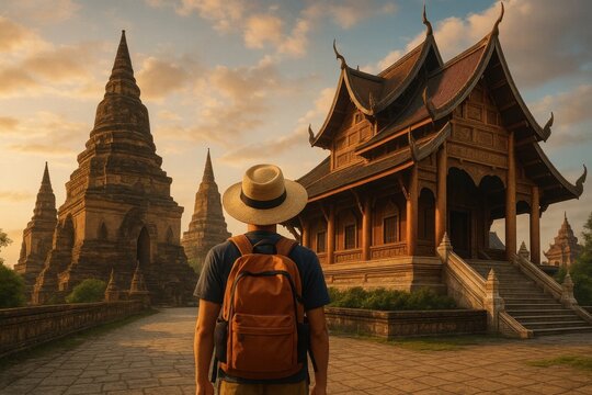 A lone traveler stands before the majestic temples of ancient Myanmar, bathed in the warm glow of a setting sun