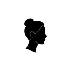 Minimalist black silhouette of a woman in profile with her hair styled in a classic bun. Clean vector illustration with soft contours on a white background. Ideal for icons, branding, beauty industry 