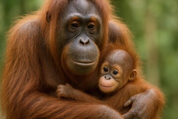 Naklejka premium A mother orangutan cradles her young in a serene forest embrace