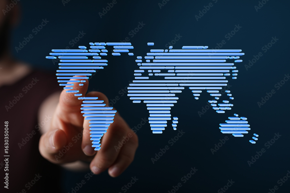 Aufkleber person interacts with a digital world map, representing global connectivity and networking.