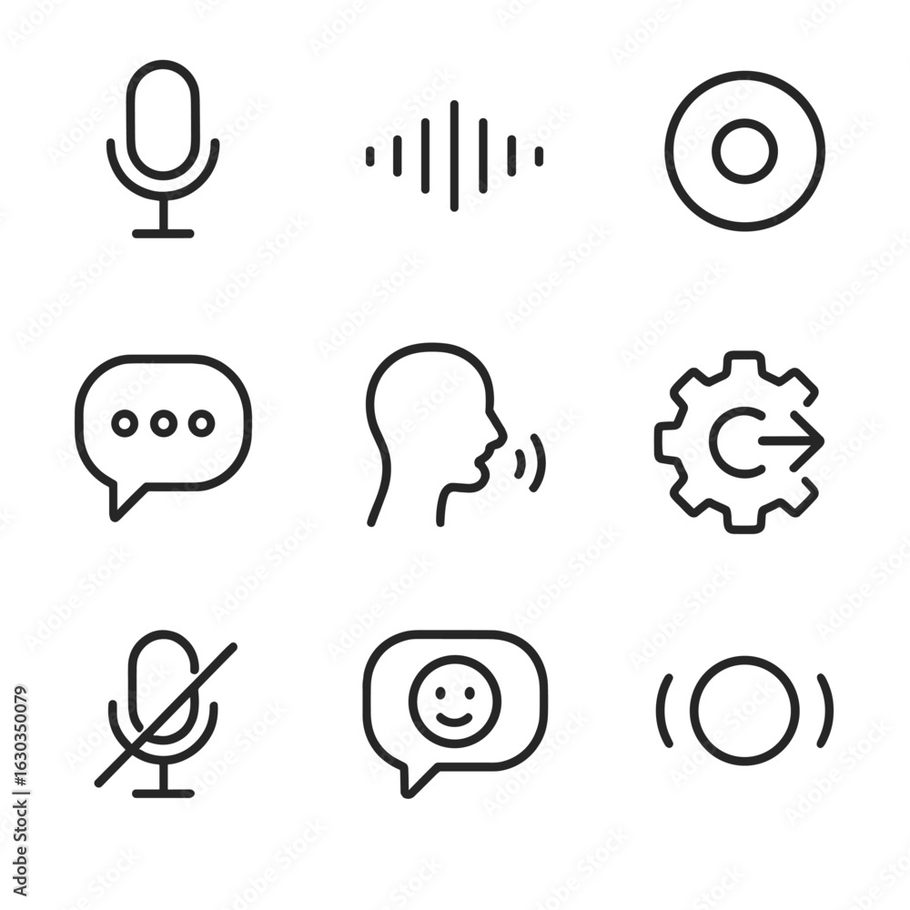 Poster voice and ui icons. outline icon set of voice commands: microphone icon, voice wave, wake word symbo