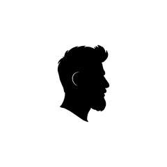 Stylized silhouette of a man in profile view with a thick beard and voluminous hairstyle. Vector illustration ideal for grooming-related designs, logos, and icons.