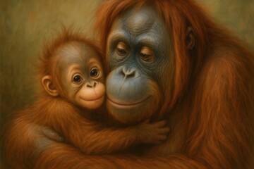 A Tender Moment Between Mother and Child Orangutan