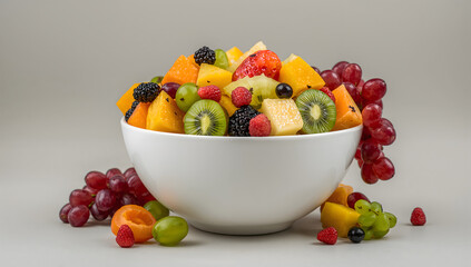 Fruit salad bursting with vibrant tropical fruits in a white bowl