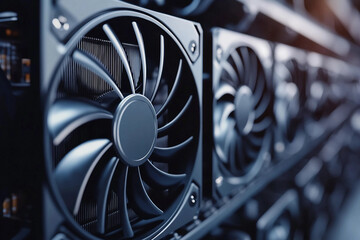 Powerful crypto mining farm with hundreds of graphics cards and neon lights for cryptocurrency blockchain data center generative ai