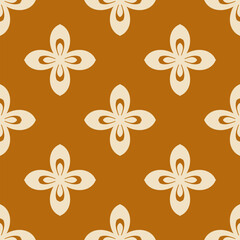 Abstract cute vector seamless pattern. Simple floral ornament with bold funky flower silhouettes. Vintage caramel and beige color texture. Retro nostalgic old-fashioned background. Repeated geo design
