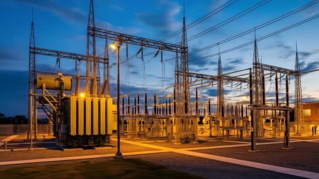 View of a power substation at dusk, highlighting the electrical grid infrastructure essential for power distribution and energy transmission.