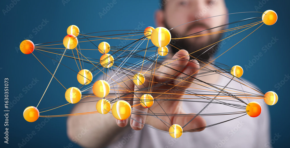 Poster abstract image of interconnected nodes, representing global networks, digital transformation, and te