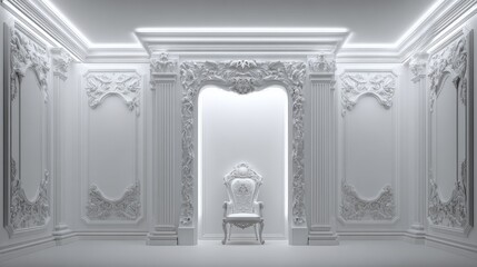 Obraz premium Ornate white room with decorative molding and a throne chair.