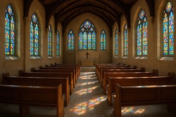 Fototapeta premium A Gothic chapel bathed in the warm glow of stained-glass windows, inviting contemplation and spiritual reflection