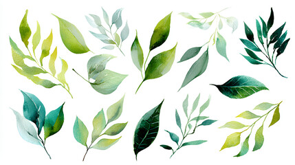 Fototapeta premium Set of watercolor green leaves elements. Collection of botanical isolated on white background suitable for wedding invitation, save the date, thank you, for greeting card. Delicate decorative branches