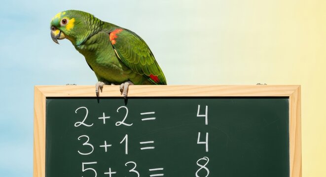Parrot perched on blackboard with simple math equations against gradient background