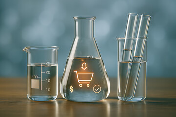 Online shopping cart icon glowing inside laboratory flask