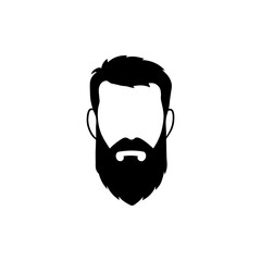 Black vector silhouette of a male head, front-facing, with untidy hair and full, bushy beard. Facial features removed. Perfect for barbershop visuals or modern graphic assets.