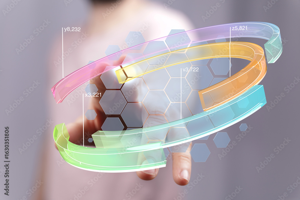 Poster hand interacting with 3d data visualization. business analytics, technology, and digital concept.