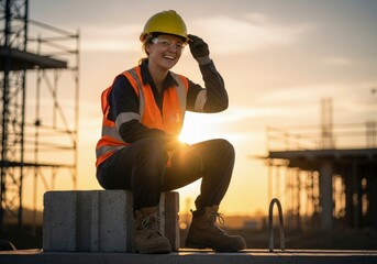 Smiling construction worker sits on a block in work gear against a sunset backdrop