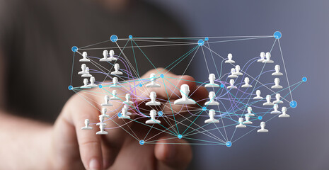 Image of a hand interacting with a digital network of people, representing social media connections...