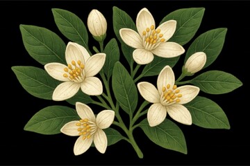 Obraz premium A serene bouquet of white flowers with golden centers, nestled in lush green leaves against a stark black background